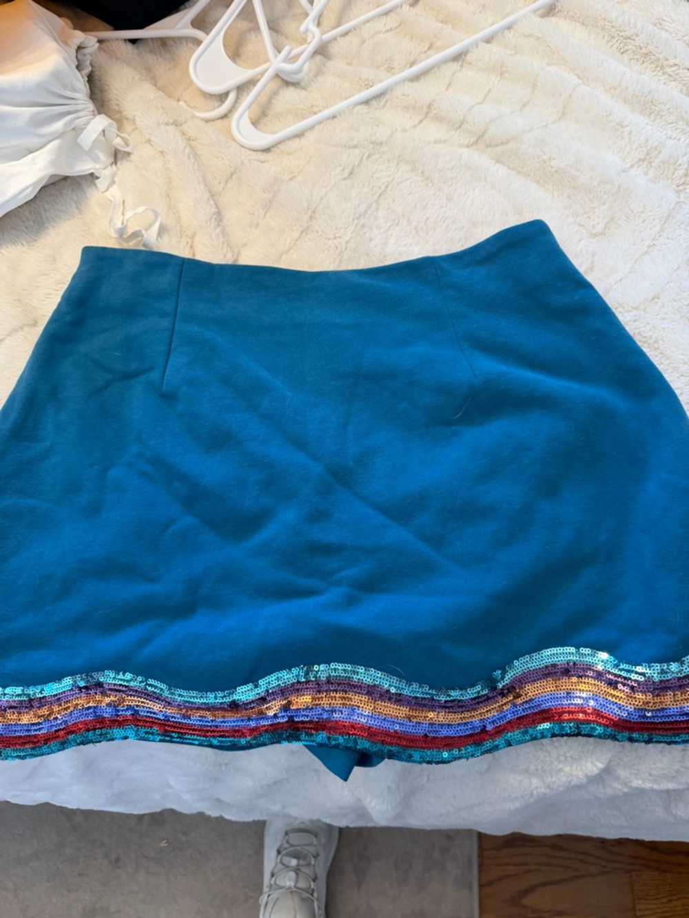 QUEEN OF SPARKLES Teal Mini Skort with Multicolor Sequin Wave - Picture 2 of 4